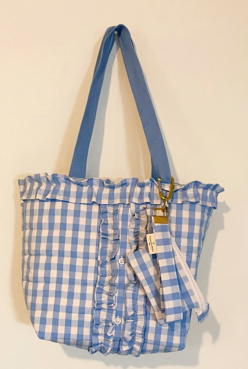 "Maisy Mae" Blue & White Gingham Check Ruffle Tote Bag | Quilted Upcycled Shirt Bag |Handbag Handmade Recycled Clothing Purse. Also includes bonus wallet & keychain!