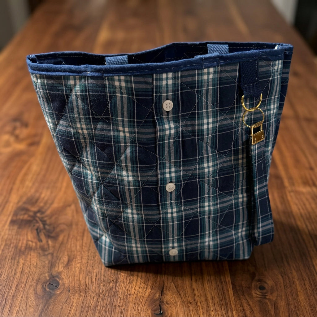 “Shelby” Upcycled 3 piece set Plaid Shirt Tote Bag | Handmade Quilted Blue & Teal Bucket Tote Bonus key chain and wallet