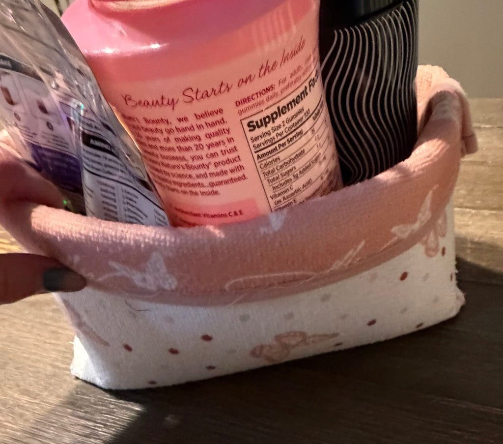 Pink & White Butterfly Dolly Parton upcycled dish drying Fabric basket