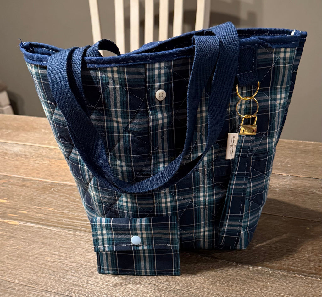 “Shelby” Upcycled 3 piece set Plaid Shirt Tote Bag | Handmade Quilted Blue & Teal Bucket Tote Bonus key chain and wallet