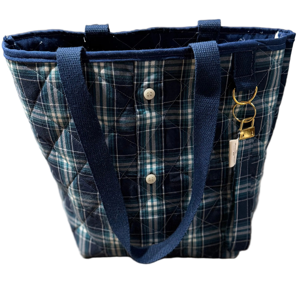“Shelby” Upcycled 3 piece set Plaid Shirt Tote Bag | Handmade Quilted Blue & Teal Bucket Tote Bonus key chain and wallet