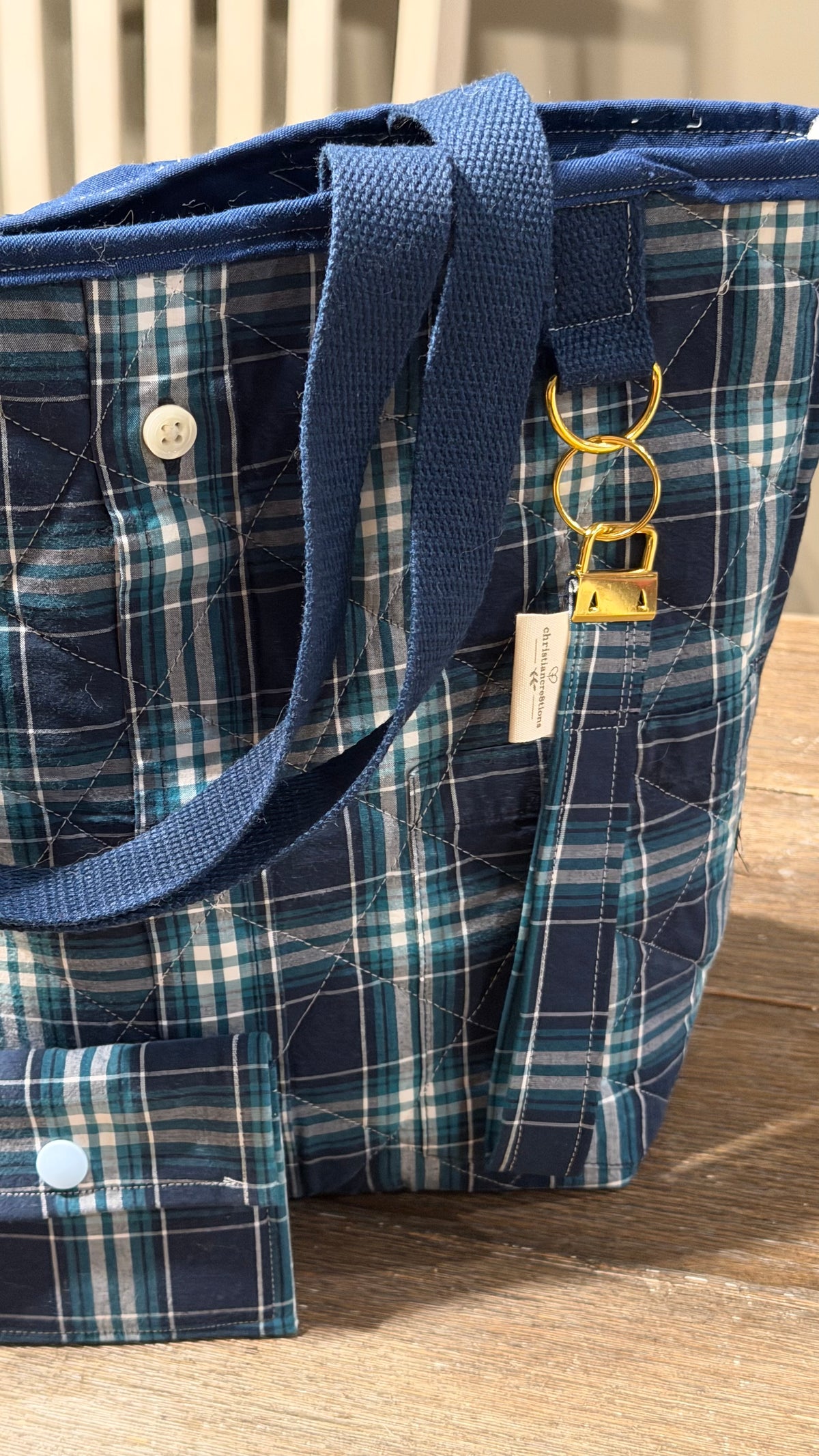 “Shelby” Upcycled 3 piece set Plaid Shirt Tote Bag | Handmade Quilted Blue & Teal Bucket Tote Bonus key chain and wallet
