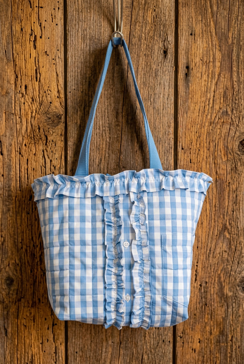 "Maisy Mae" Blue & White Gingham Check Ruffle Tote Bag | Quilted Upcycled Shirt Bag |Handbag Handmade Recycled Clothing Purse. Also includes bonus wallet & keychain!