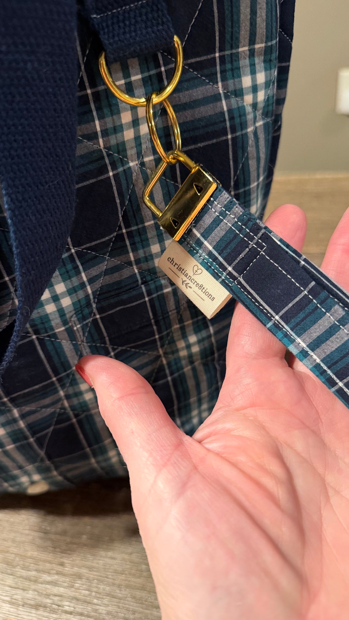 “Shelby” Upcycled 3 piece set Plaid Shirt Tote Bag | Handmade Quilted Blue & Teal Bucket Tote Bonus key chain and wallet