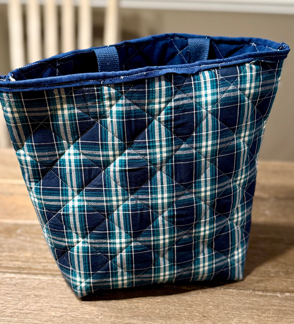 “Shelby” Upcycled 3 piece set Plaid Shirt Tote Bag | Handmade Quilted Blue & Teal Bucket Tote Bonus key chain and wallet