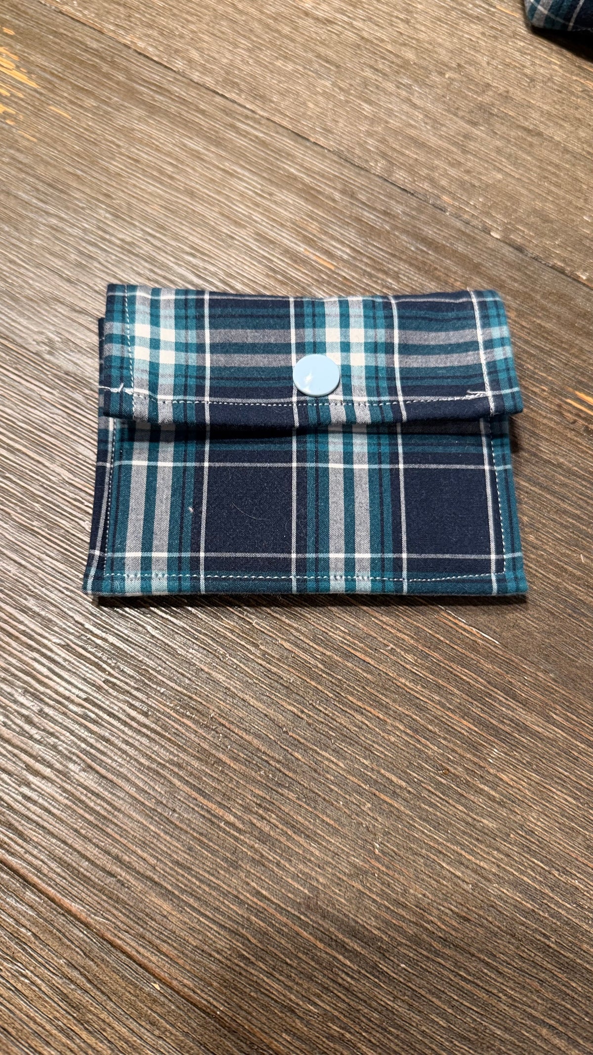 “Shelby” Upcycled 3 piece set Plaid Shirt Tote Bag | Handmade Quilted Blue & Teal Bucket Tote Bonus key chain and wallet