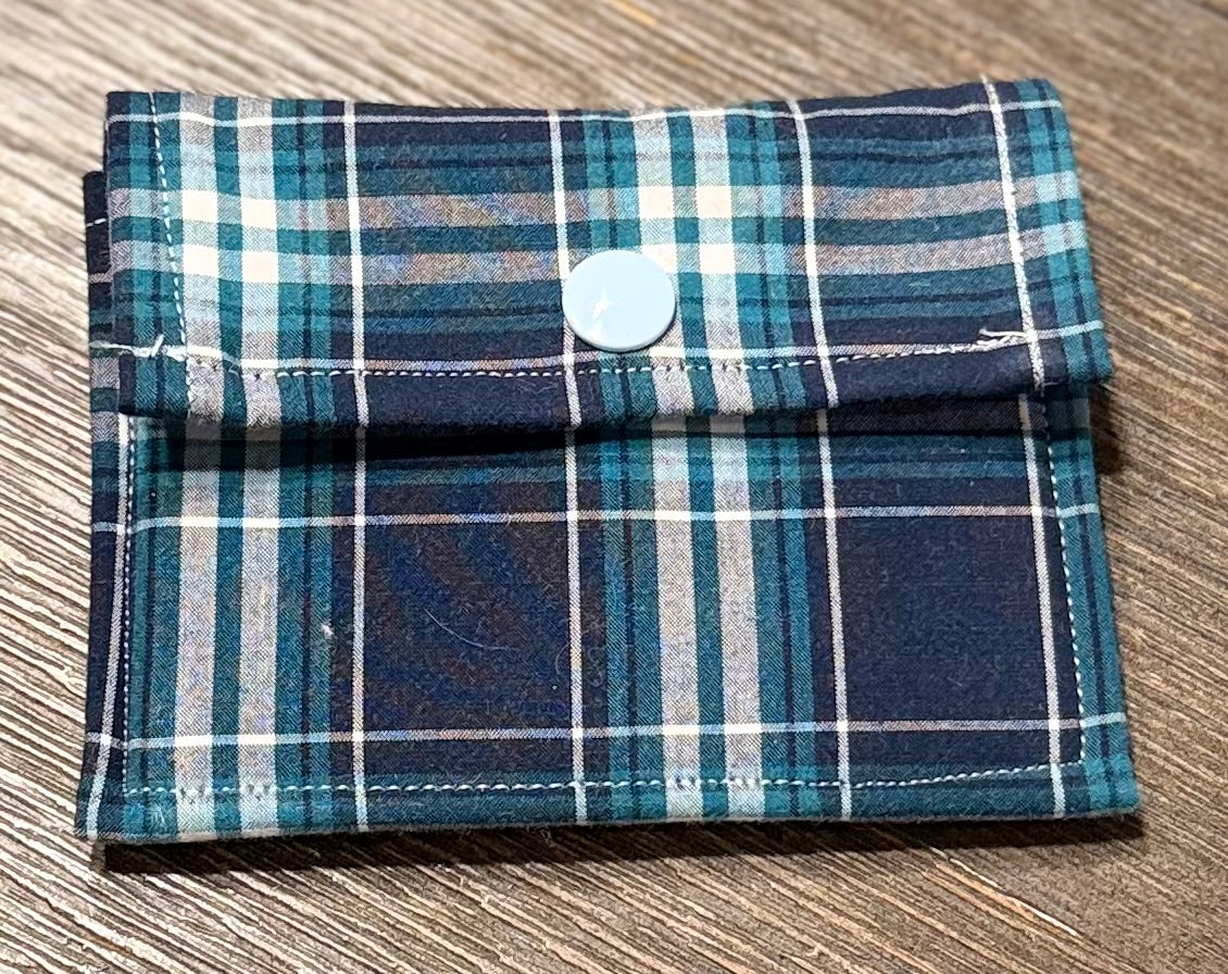 “Shelby” Upcycled 3 piece set Plaid Shirt Tote Bag | Handmade Quilted Blue & Teal Bucket Tote Bonus key chain and wallet