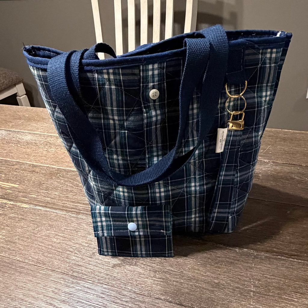 “Shelby” Upcycled 3 piece set Plaid Shirt Tote Bag | Handmade Quilted Blue & Teal Bucket Tote Bonus key chain and wallet