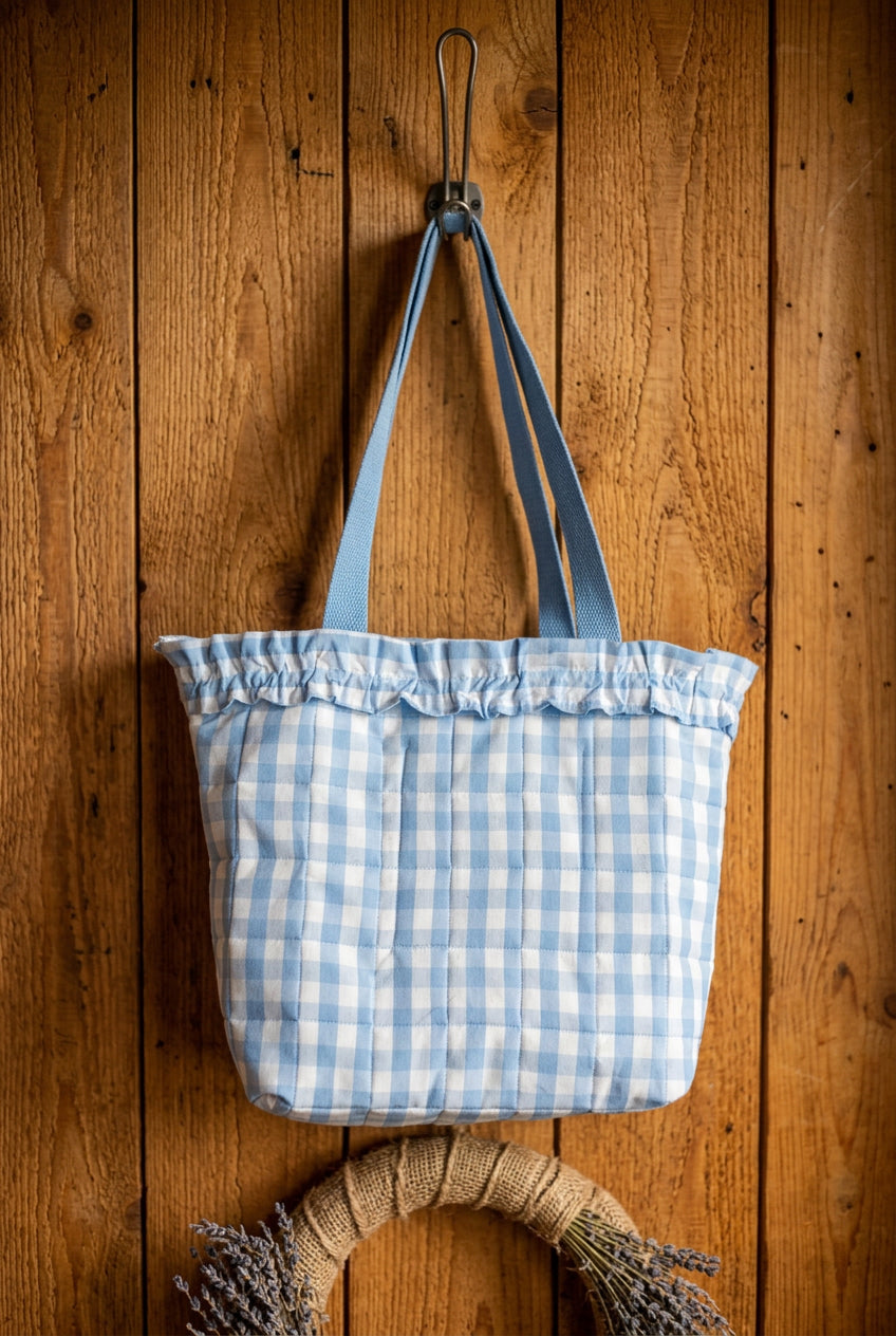 "Maisy Mae" Blue & White Gingham Check Ruffle Tote Bag | Quilted Upcycled Shirt Bag |Handbag Handmade Recycled Clothing Purse. Also includes bonus wallet & keychain!