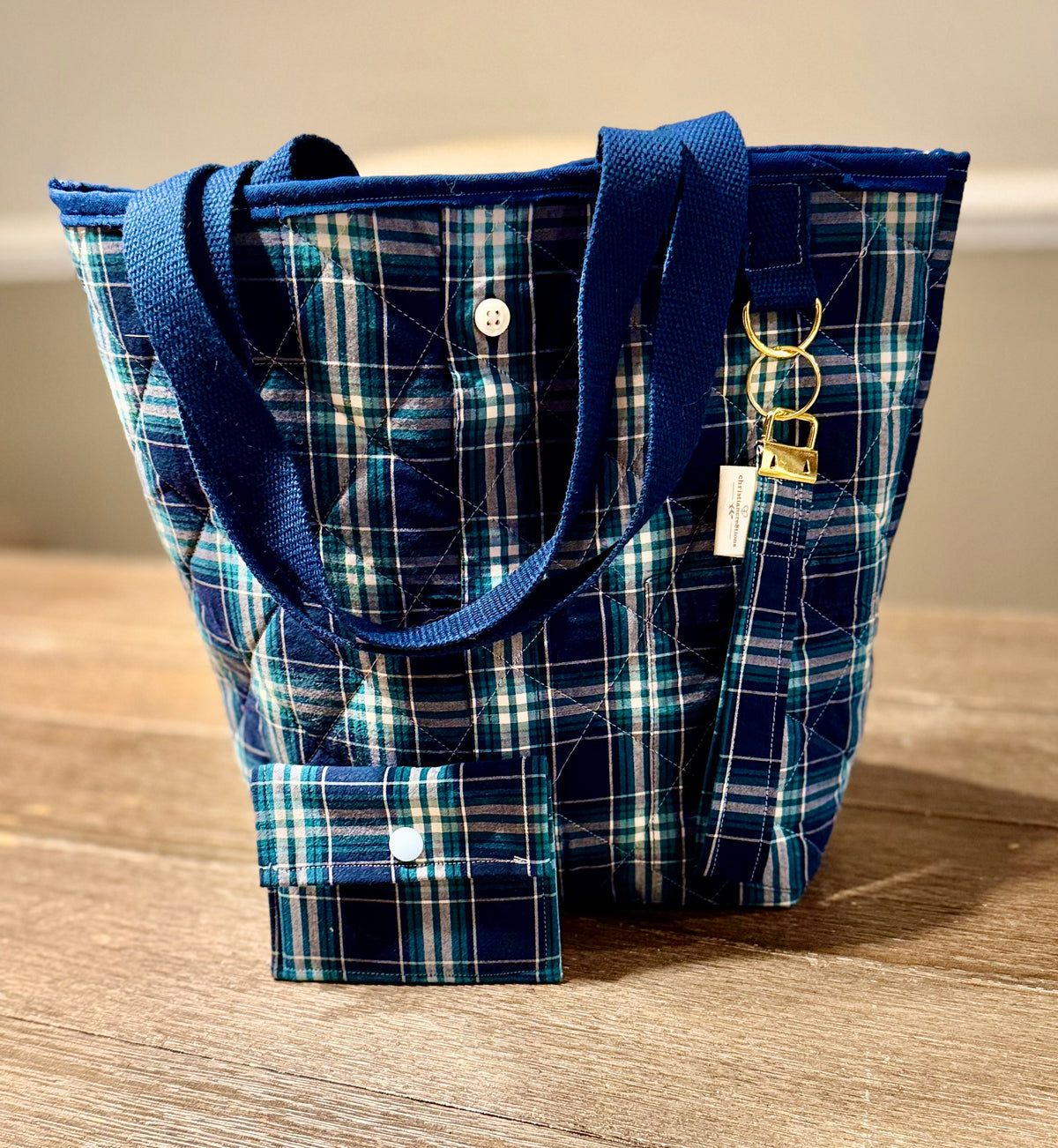 “Shelby” Upcycled 3 piece set Plaid Shirt Tote Bag | Handmade Quilted Blue & Teal Bucket Tote Bonus key chain and wallet