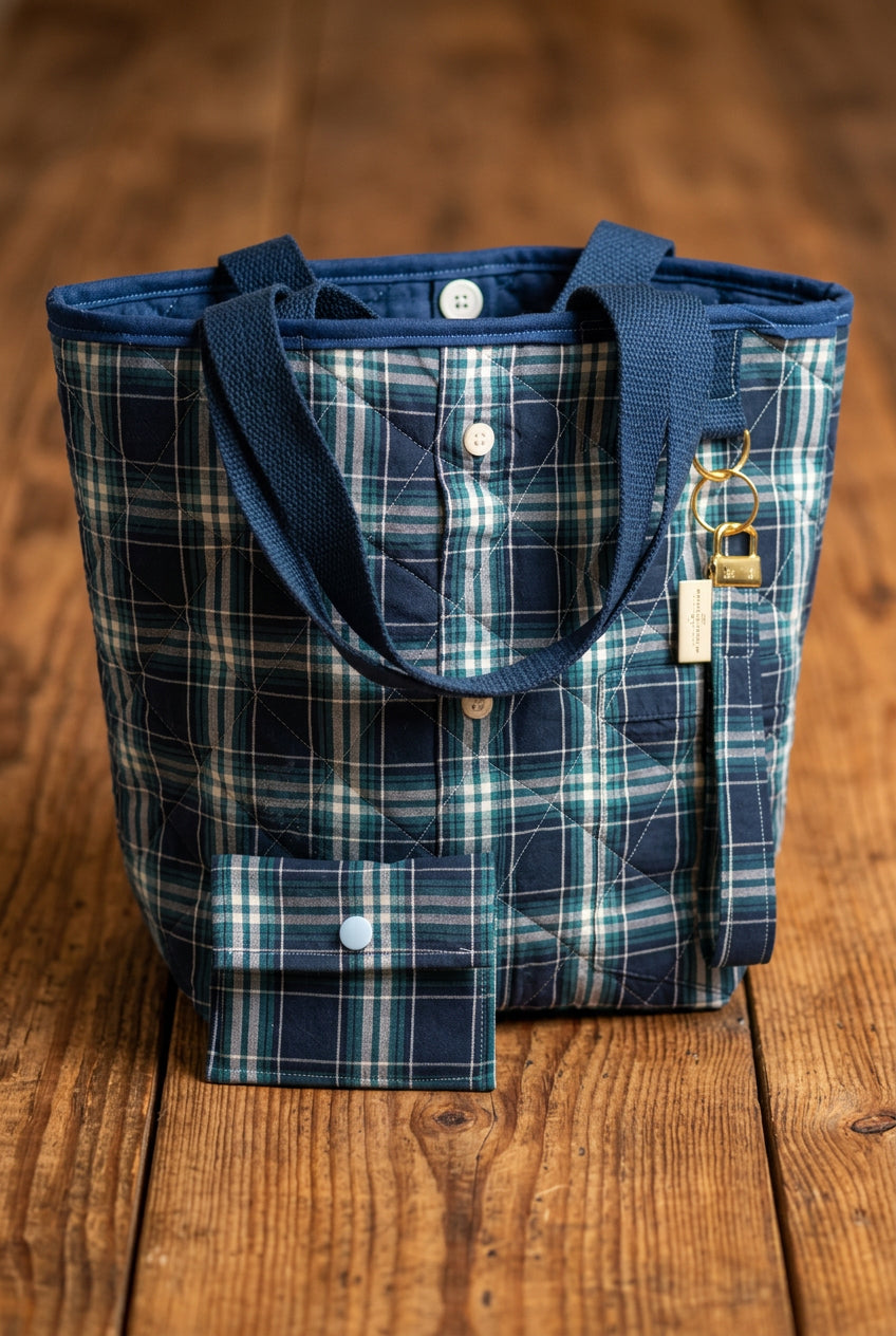 “Shelby” Upcycled 3 piece set Plaid Shirt Tote Bag | Handmade Quilted Blue & Teal Bucket Tote Bonus key chain and wallet