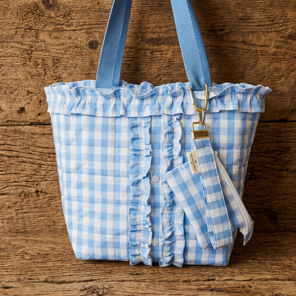 "Maisy Mae" Blue & White Gingham Check Ruffle Tote Bag | Quilted Upcycled Shirt Bag |Handbag Handmade Recycled Clothing Purse. Also includes bonus wallet & keychain!