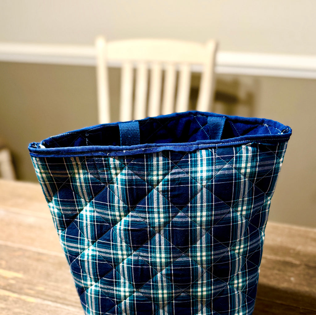“Shelby” Upcycled 3 piece set Plaid Shirt Tote Bag | Handmade Quilted Blue & Teal Bucket Tote Bonus key chain and wallet
