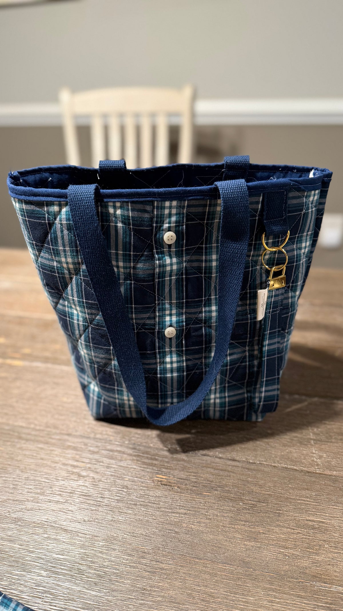 “Shelby” Upcycled 3 piece set Plaid Shirt Tote Bag | Handmade Quilted Blue & Teal Bucket Tote Bonus key chain and wallet