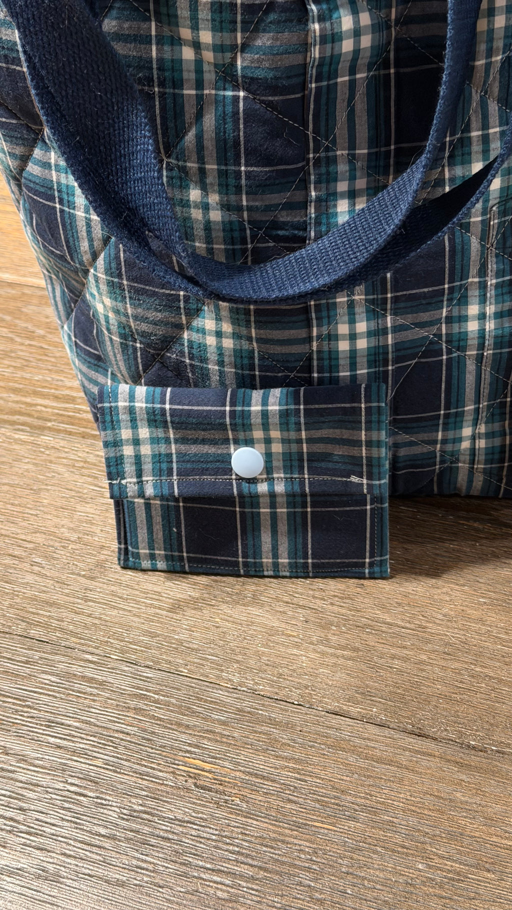 “Shelby” Upcycled 3 piece set Plaid Shirt Tote Bag | Handmade Quilted Blue & Teal Bucket Tote Bonus key chain and wallet