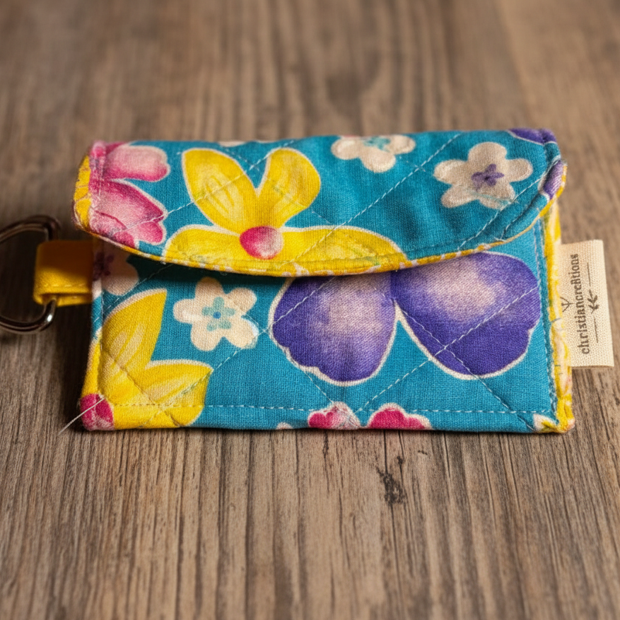 Pink floral fabric pouch Small snap wallet with D-Ring AirPod Pro case